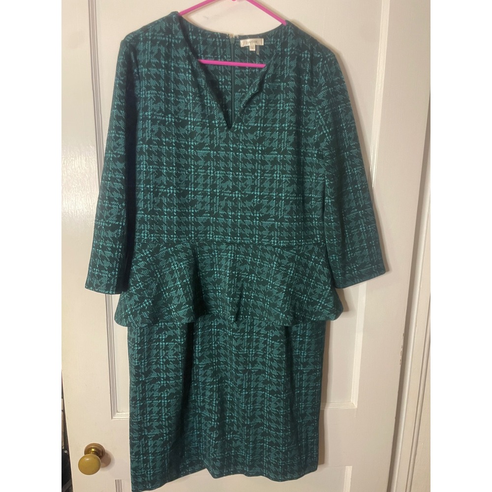 Tyler Boe Teal Black Houndstooth Peplum V Neck 3/4 Sleeve Midi Dress Size L